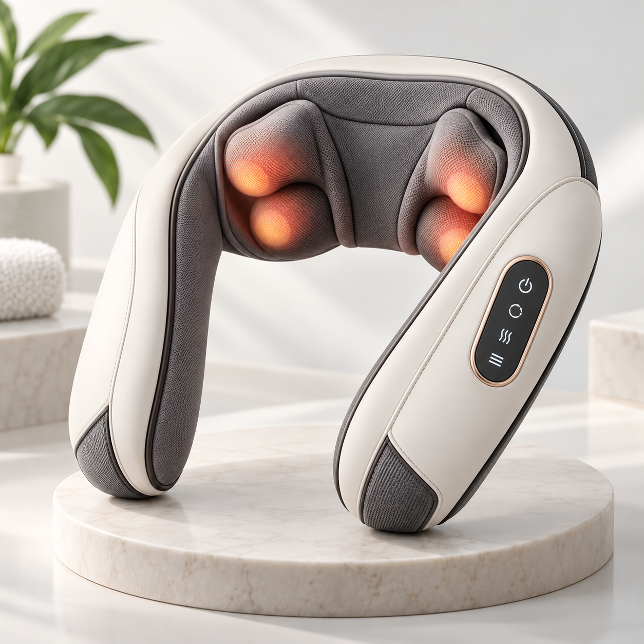 Yassmine neck massager displayed on a marble stand